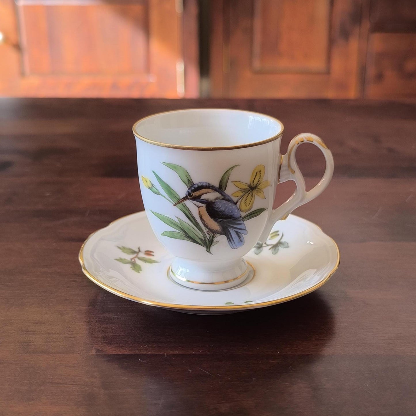 German Porcelain MPM Saxonia Coffee/Tea Cup & Saucer – Hand-Painted Blue Bird, Yellow Flower, 1980s