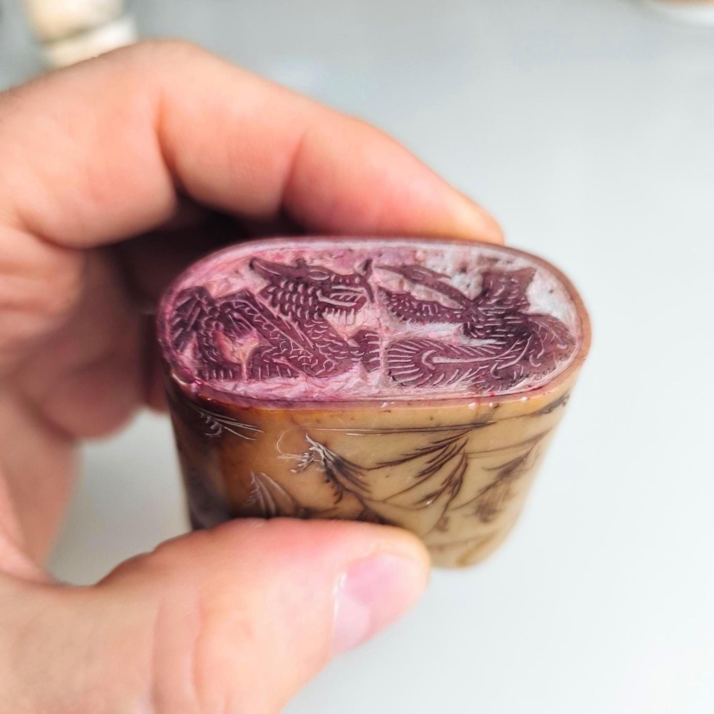 Handmade Brown Stone Sitting Budha Figure Stamp with Dragon and Phoenix, 1970