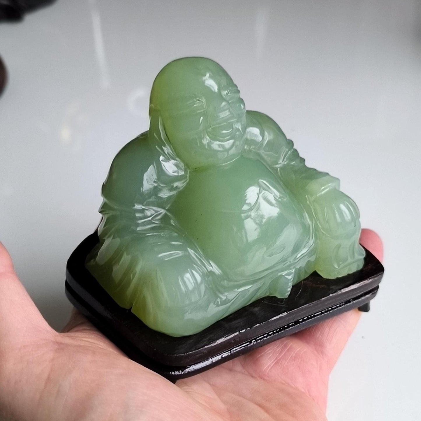 Green Nephrite Jade Carved Buddha Figure on Wooden Base, 1970