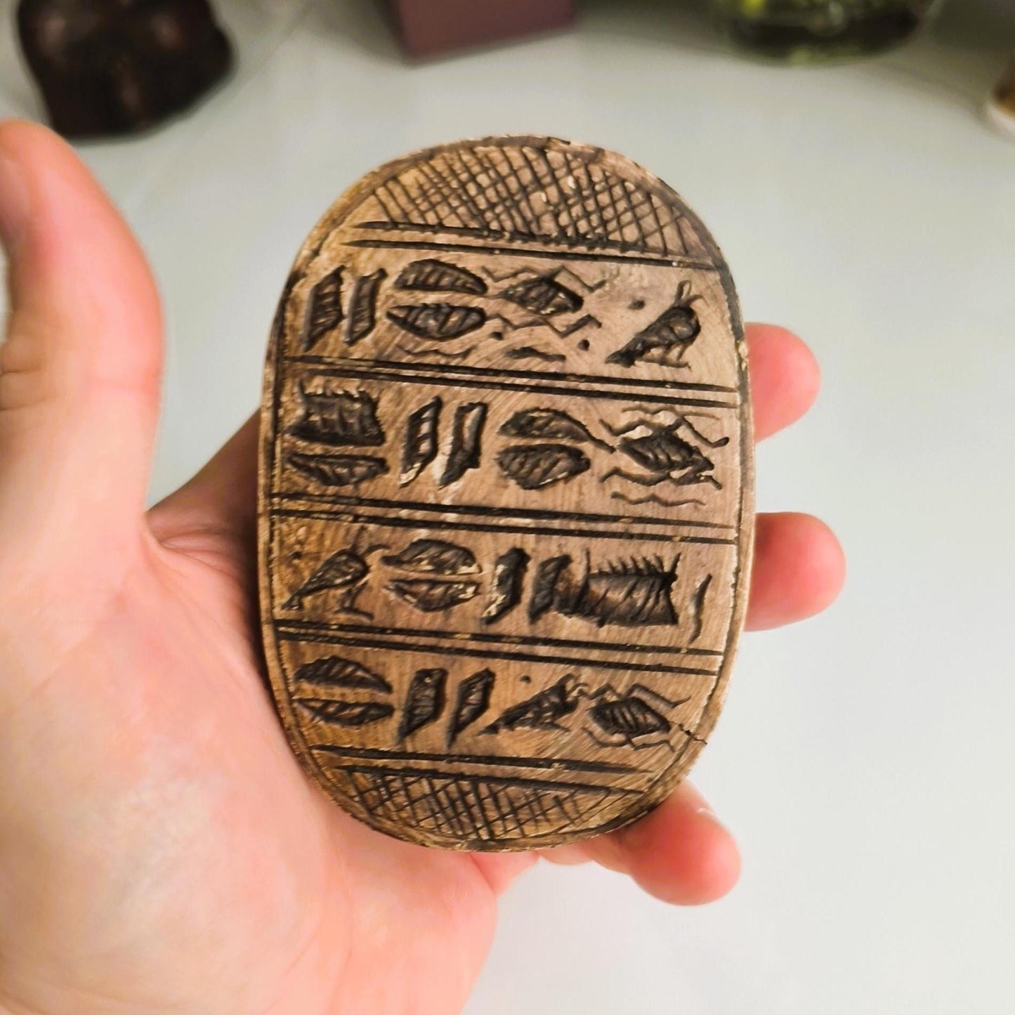 Carved Brown Stone Egyptian Scarab Beetle with Hieroglyphics, 1970s