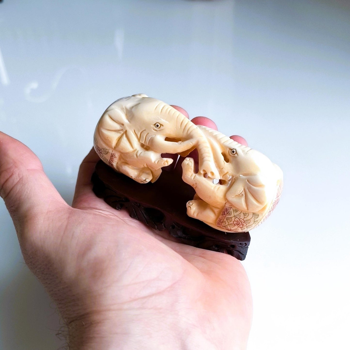 White Stone Two Elephants Sculpture On A Wooden Base, Handmade from 1960s