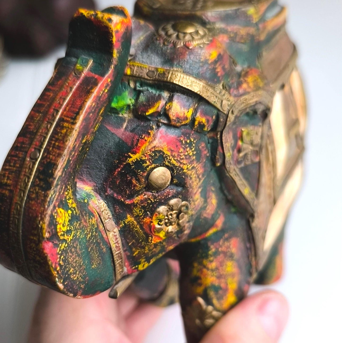 Handmade Wooden Elephant with Metal and Stone Inlay, Trunk Up 1970