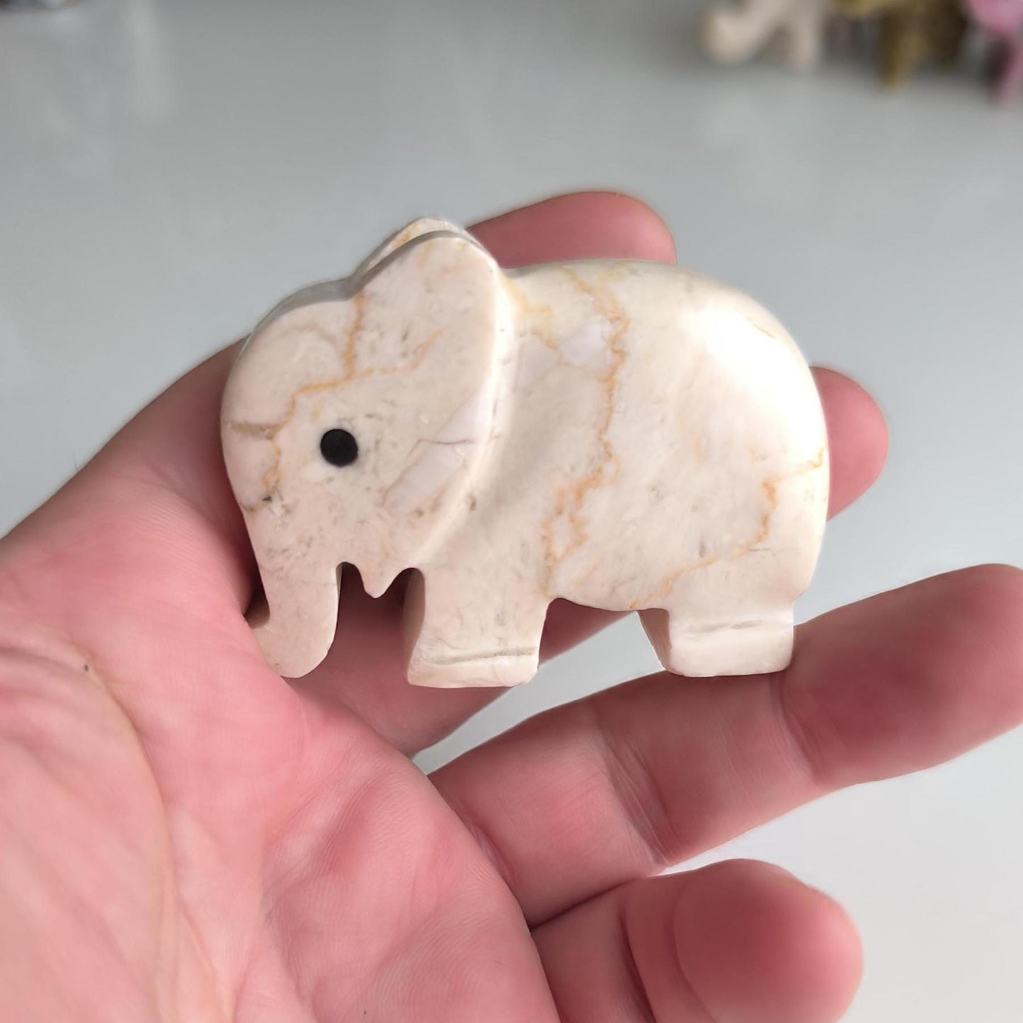 Small White Stone Elephant Statue with Black Eyes, Handmade 2000s