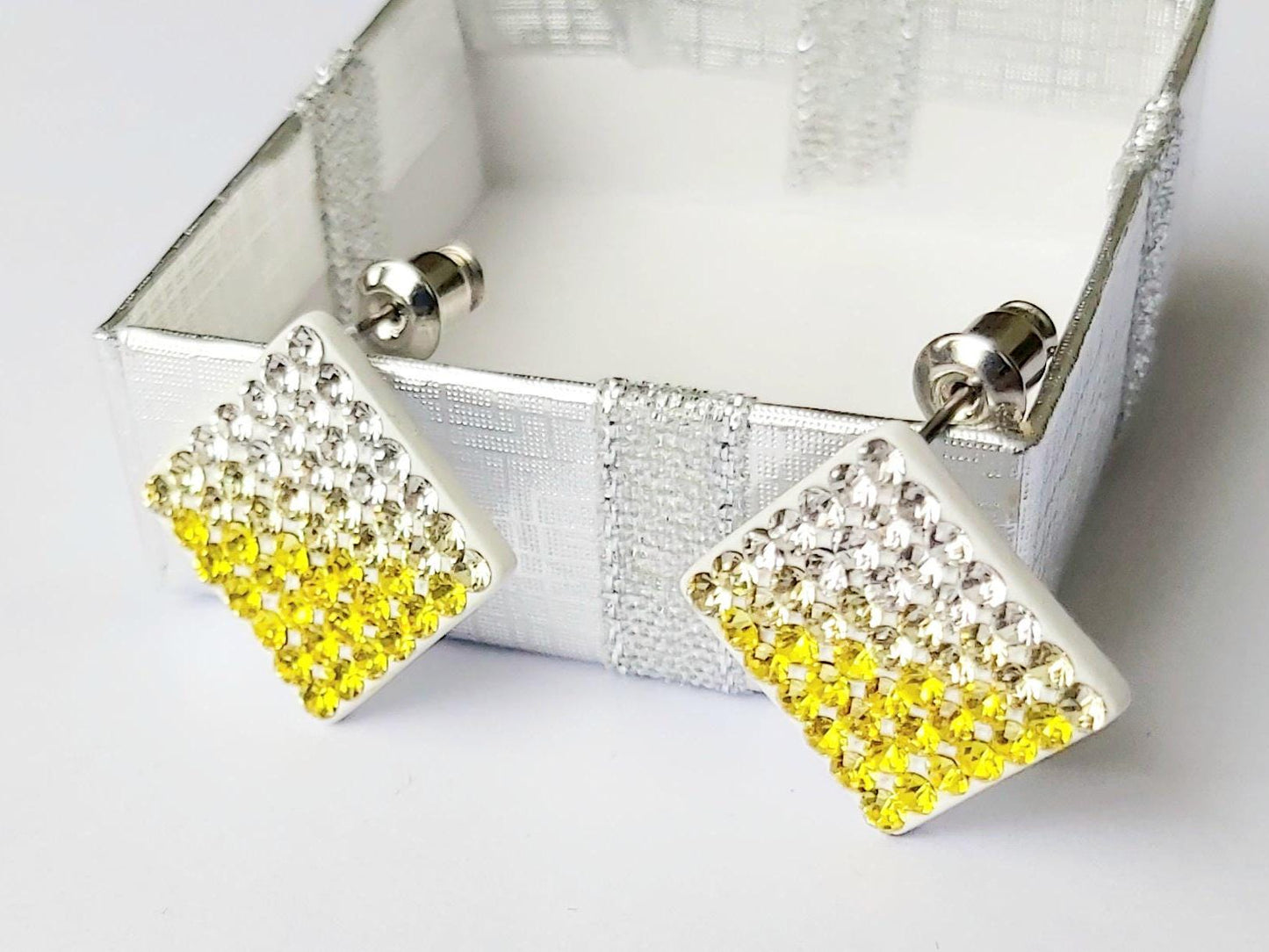 Vintage 2000s Ceramic Costume Jewelry Earrings, Two-Triangle Mosaic with White & Yellow Crystals