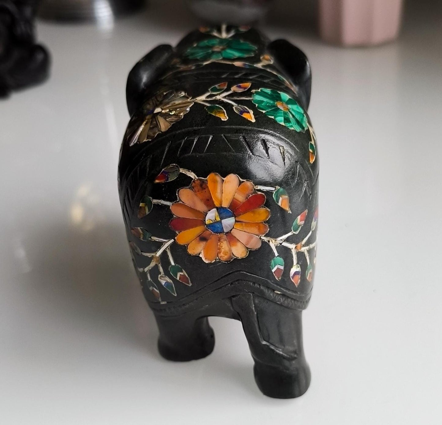 Vintage Black Painted Marble Elephant Statue, Inlaid Gemstones, Handmade 12 cm, 1980s