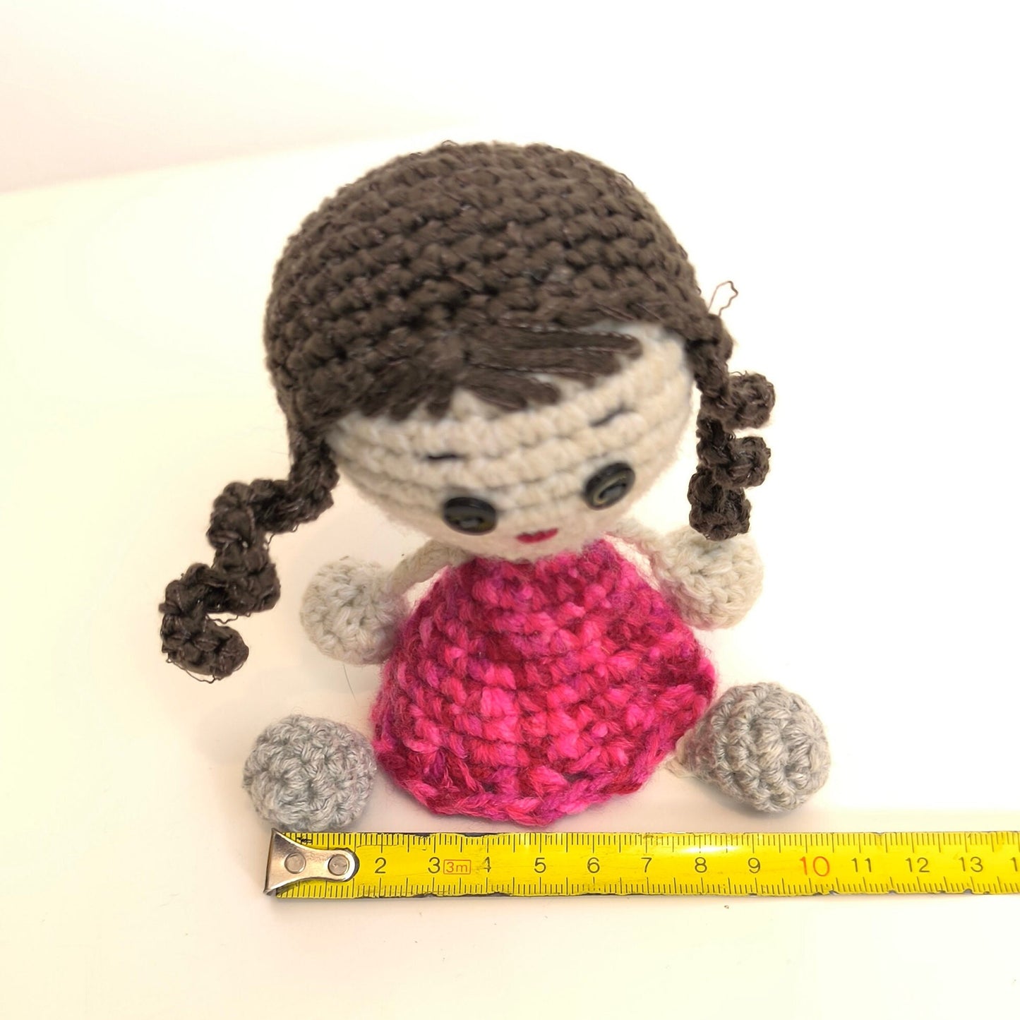 Handmade Knitted Doll, Girl with Dark Hair, Red Dress, Gray Shoes, Collectible Doll