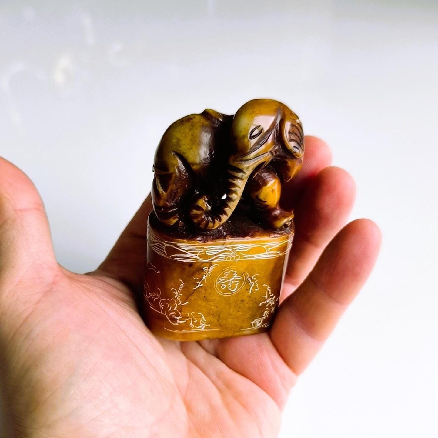 Brown Stone Elephant Stamp on Raised Stand with Carvings, Handmade 1960s