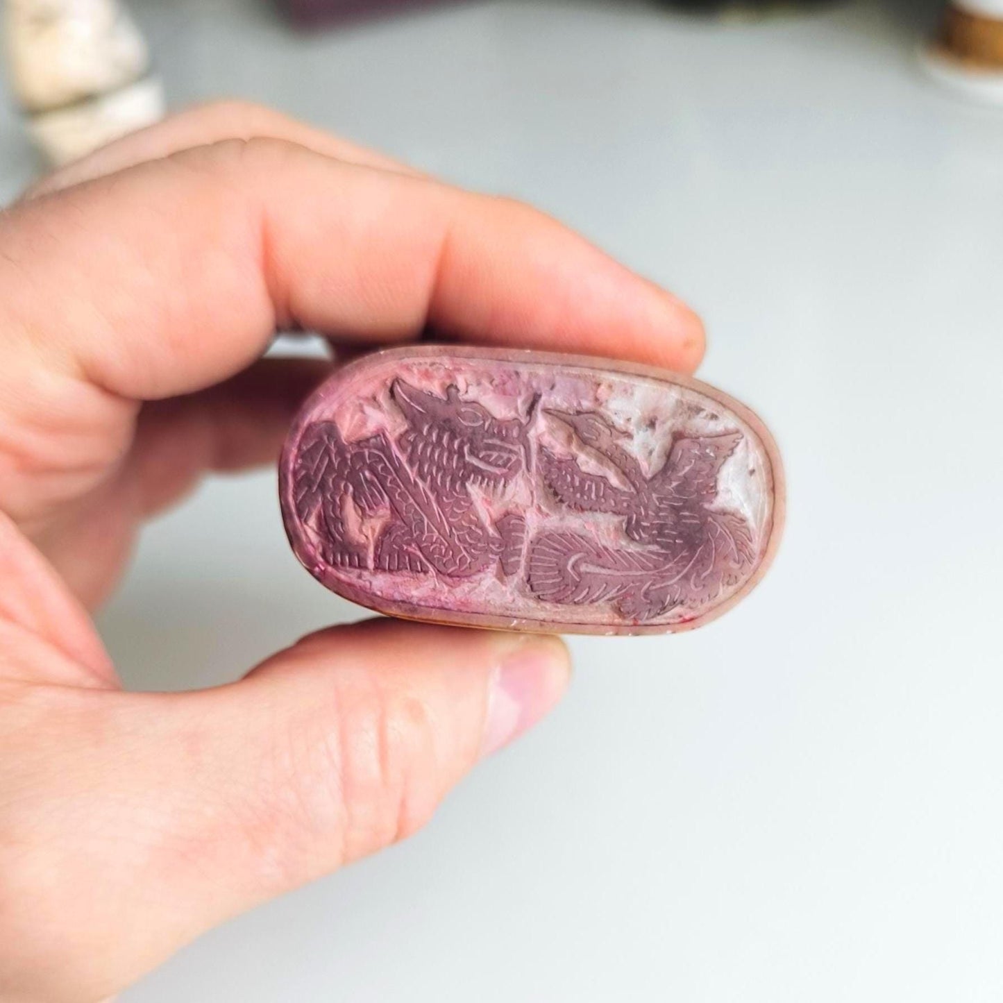 Handmade Brown Stone Sitting Budha Figure Stamp with Dragon and Phoenix, 1970