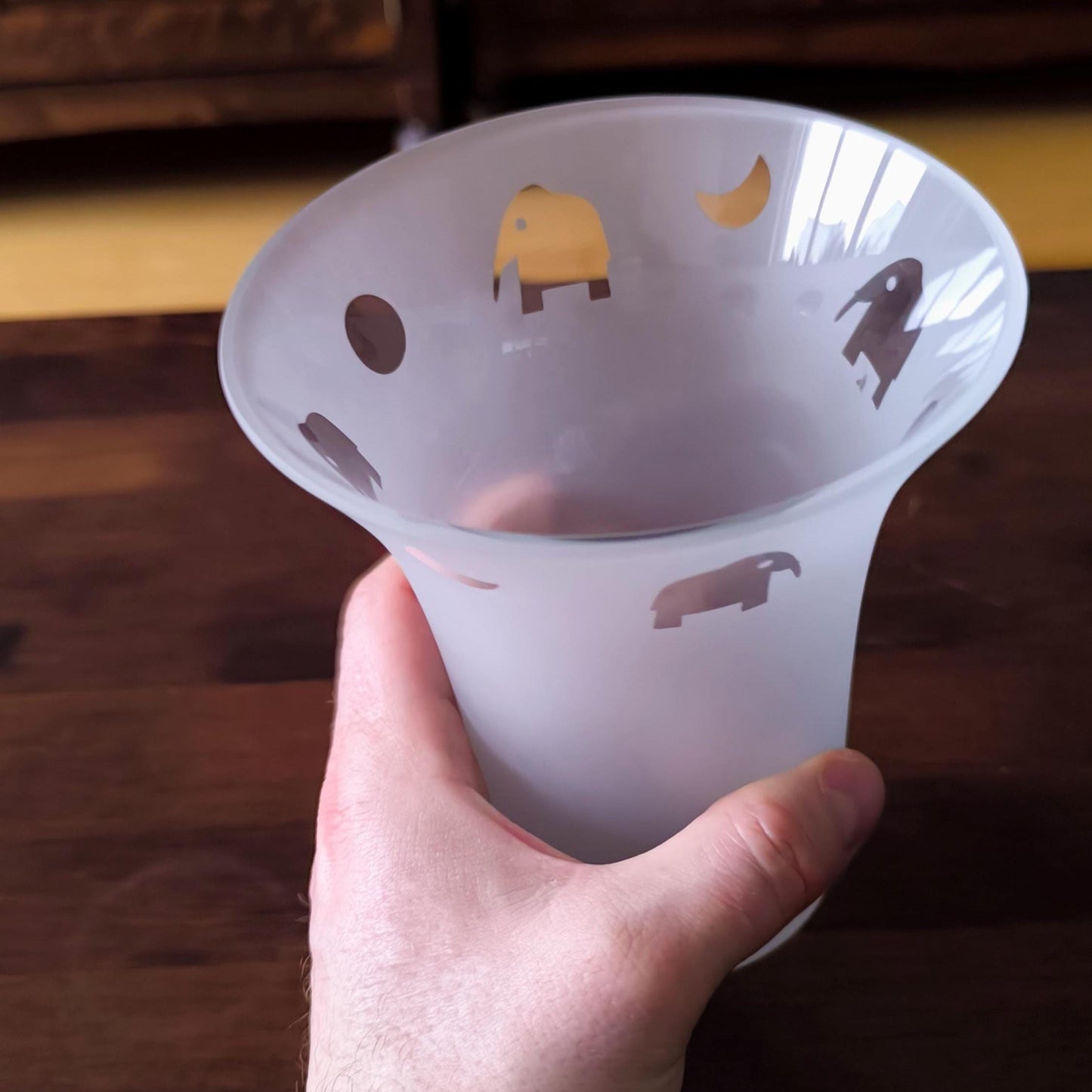 Frosted Glass Vase With Clear Elephant Motive, Postmodern 1980s.