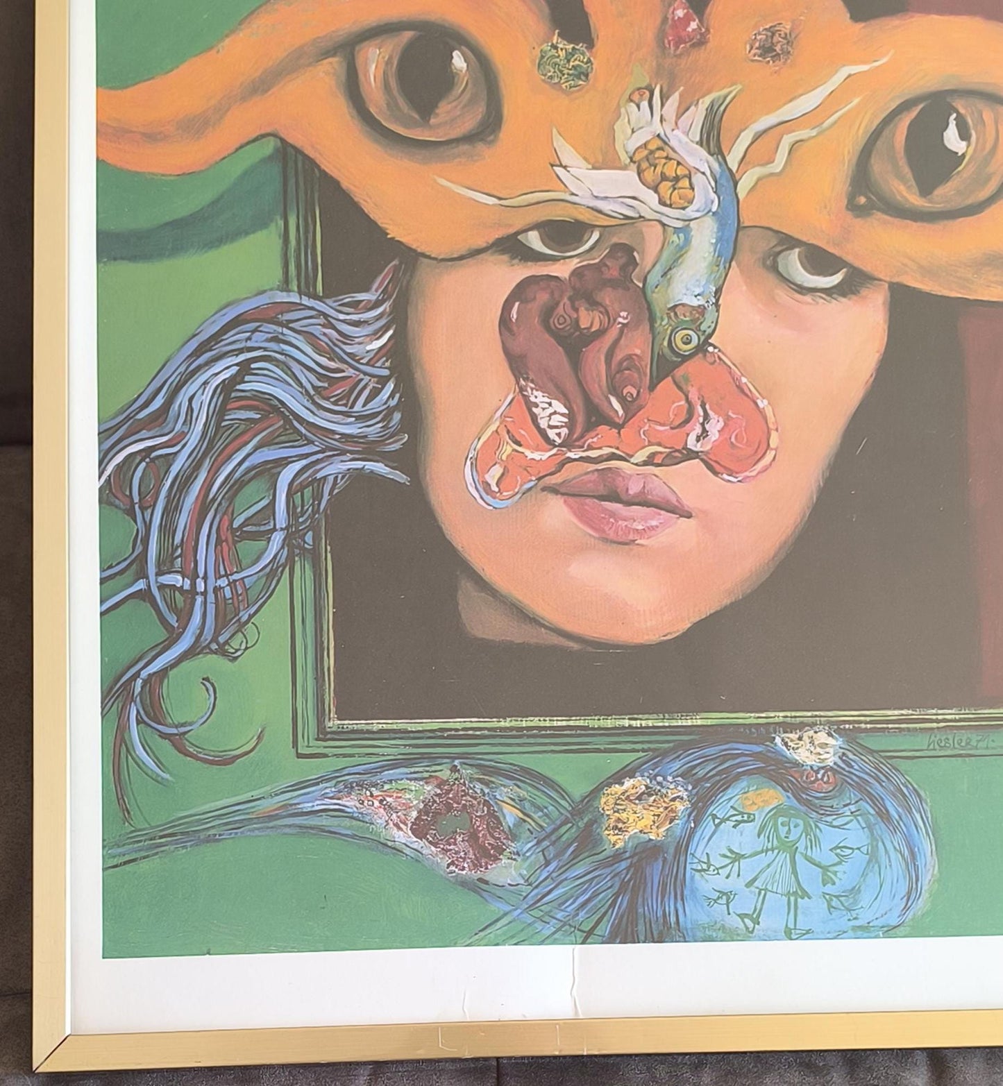 Surreal Etching by Josef Liesler, Face and Eyes, Signed 1971, Framed