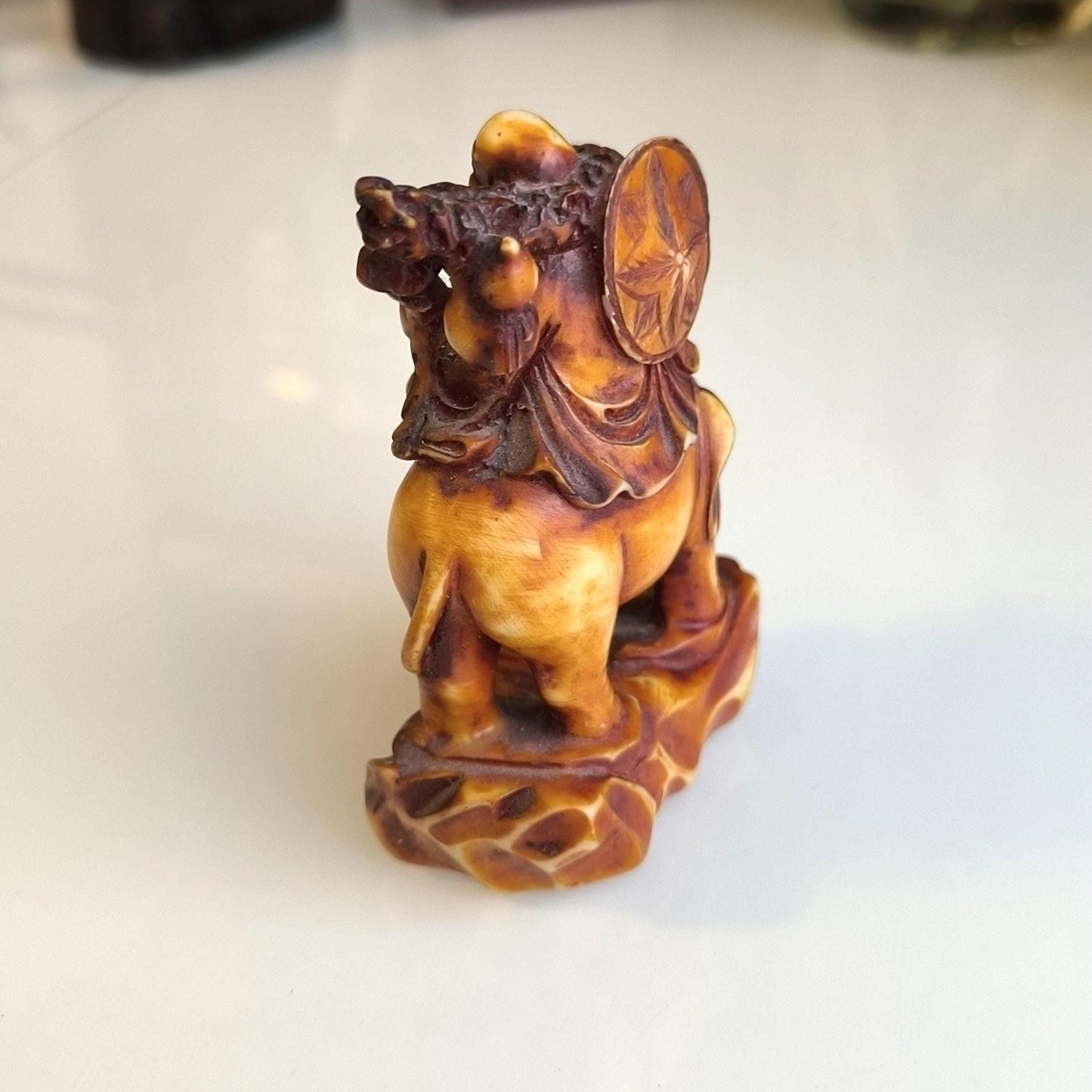 Sitting Buddha on Elephant Statue, Brown Resin 1970s