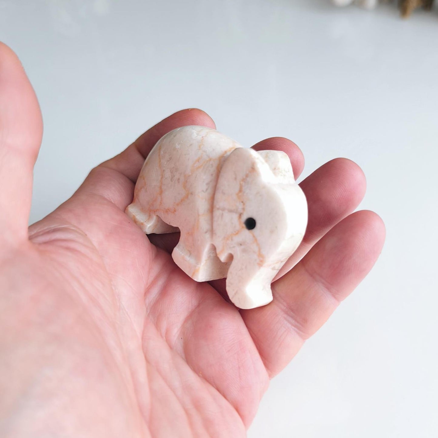 Small White Stone Elephant Statue with Black Eyes, Handmade 2000s