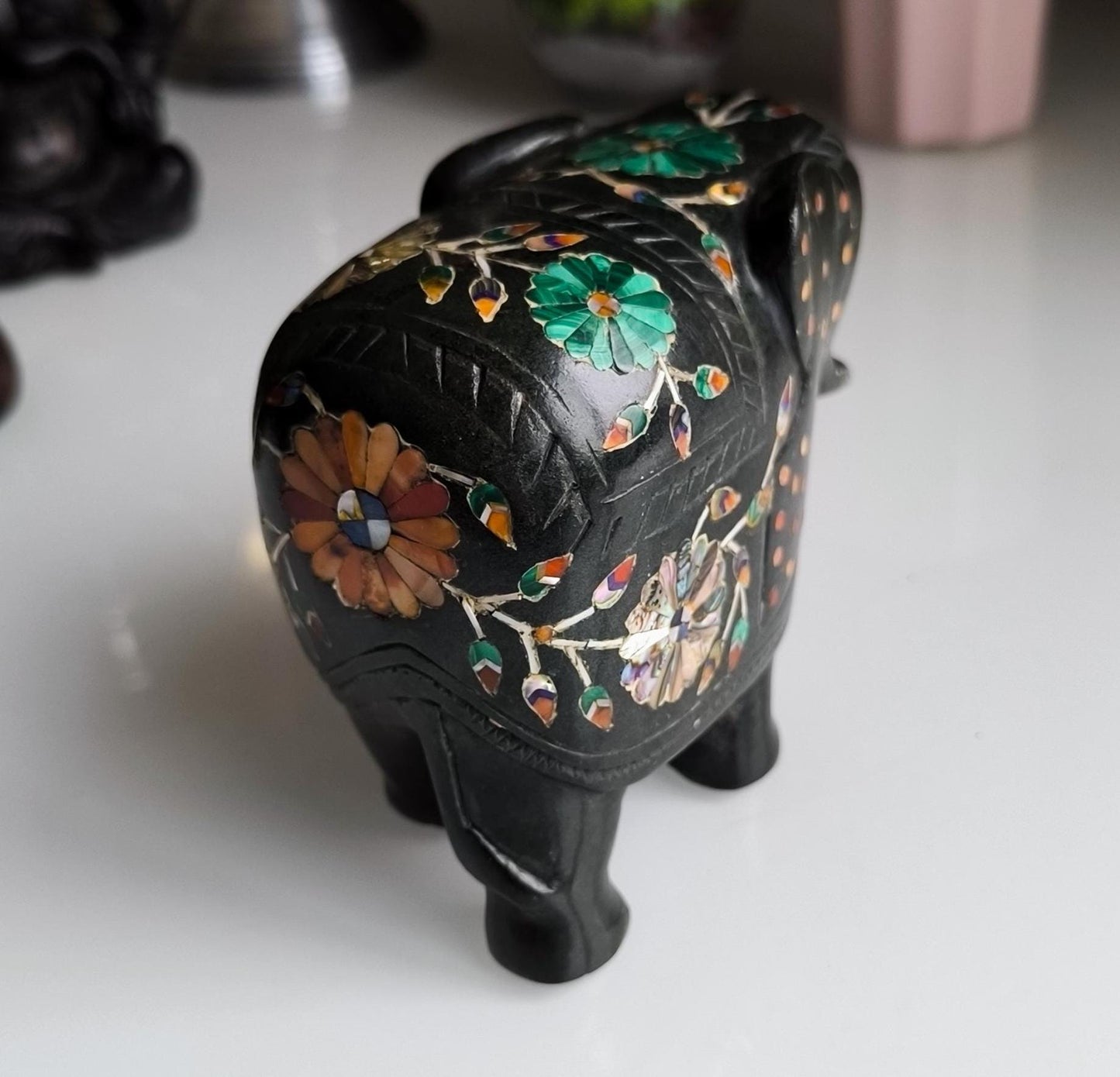 Vintage Black Painted Marble Elephant Statue, Inlaid Gemstones, Handmade 12 cm, 1980s