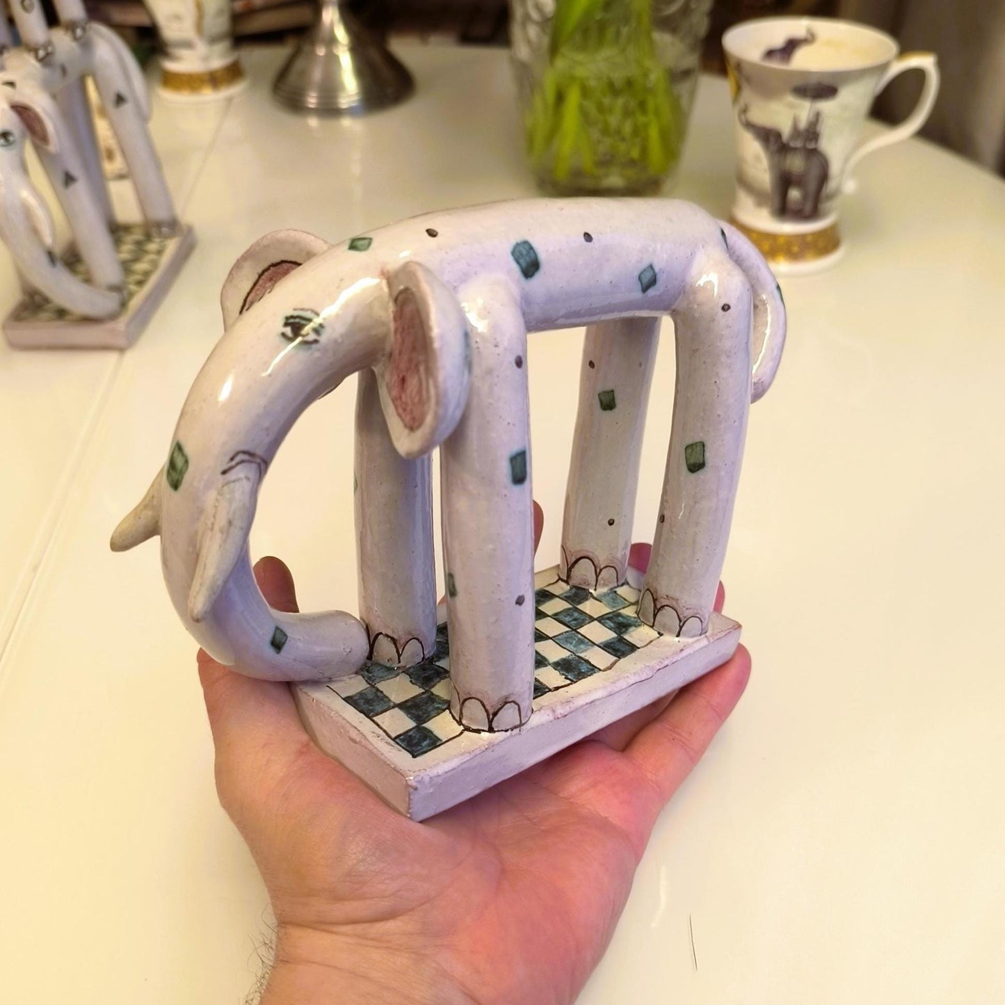 Ceramic Gray Elephants With Ornaments On Base 1970