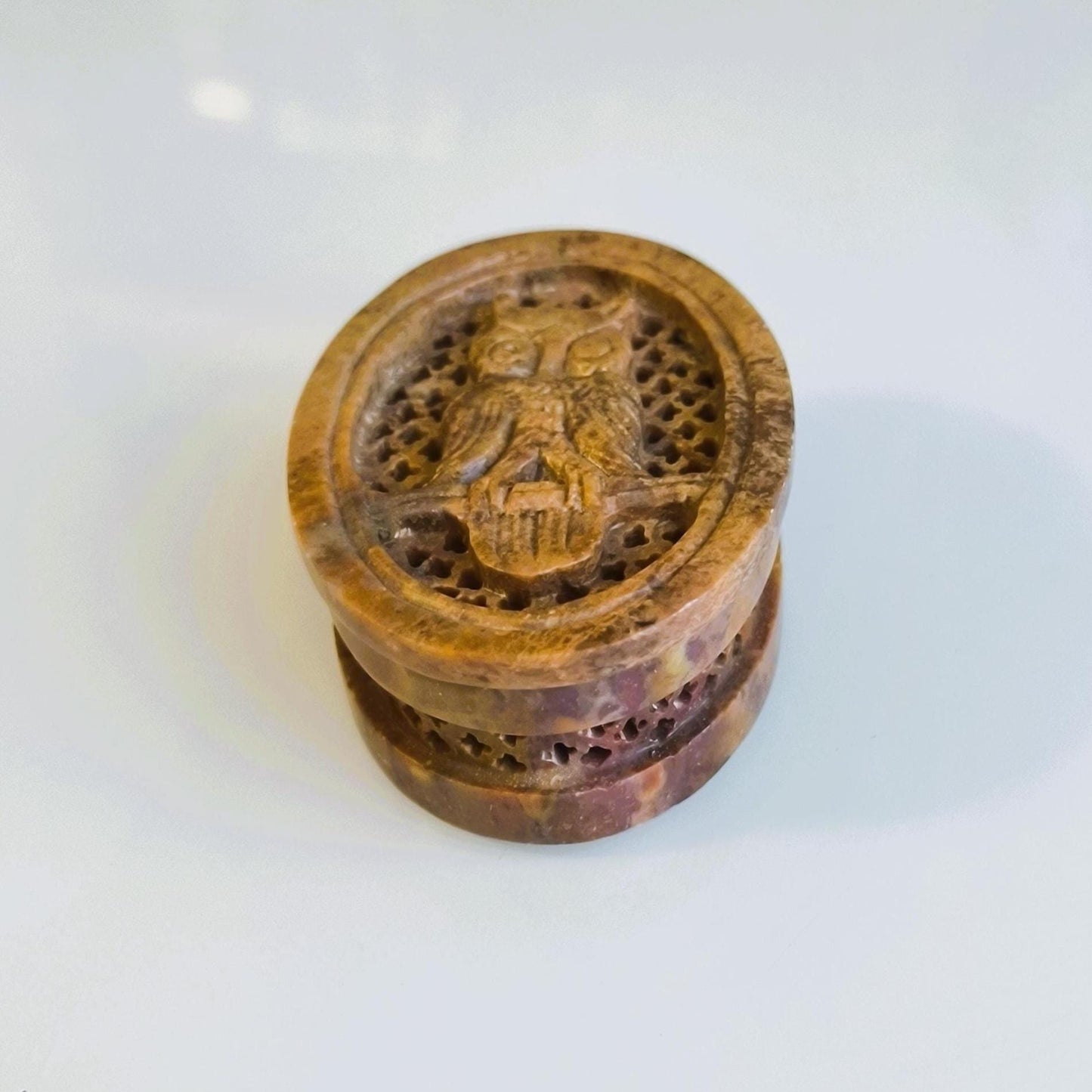 Small Brown Stone Trinket Box with Carved Owl Lid, 1970s
