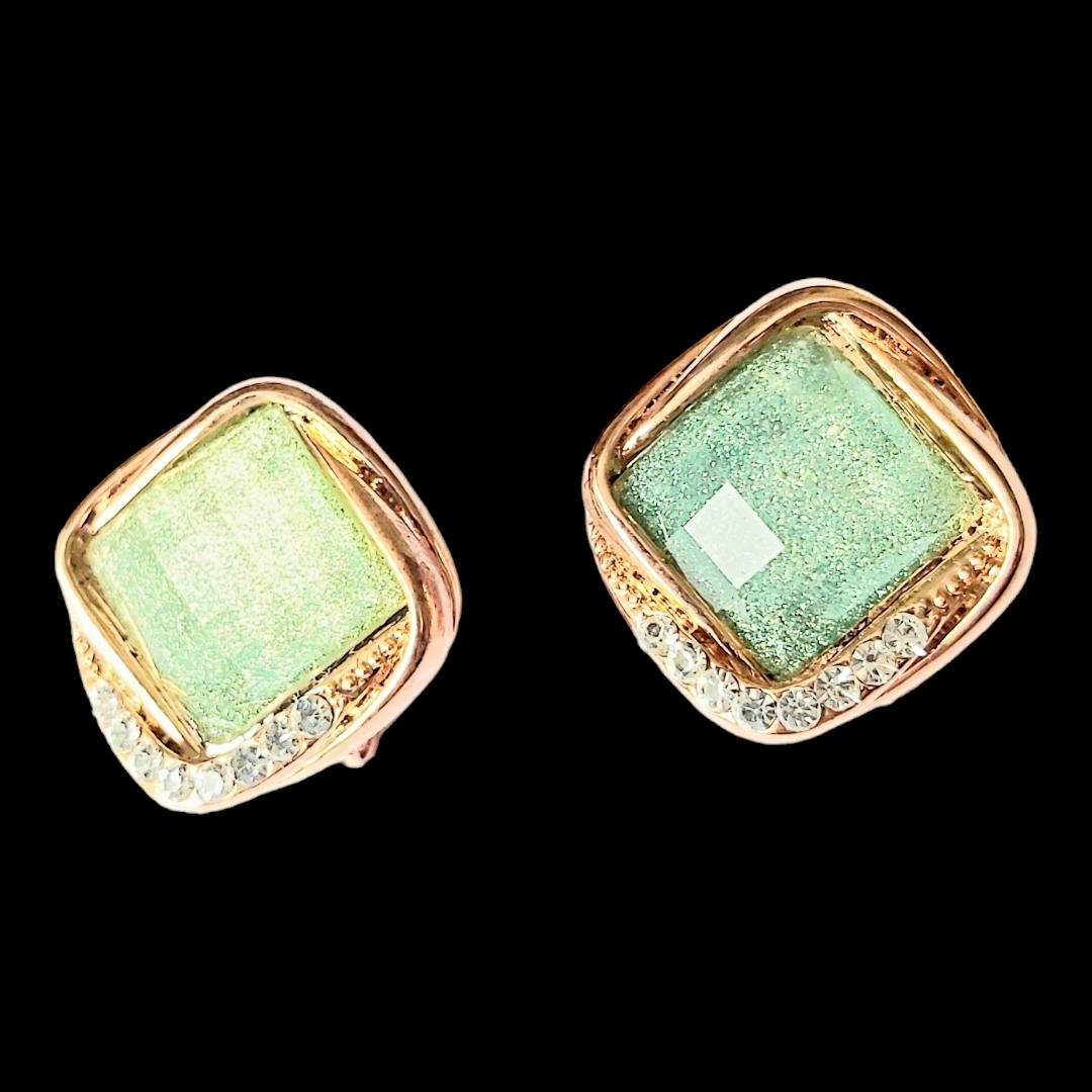 Vintage 2000s 14K Gold-Plated Stud Earrings with Large Green Square Crystal & Small Diamond Accents