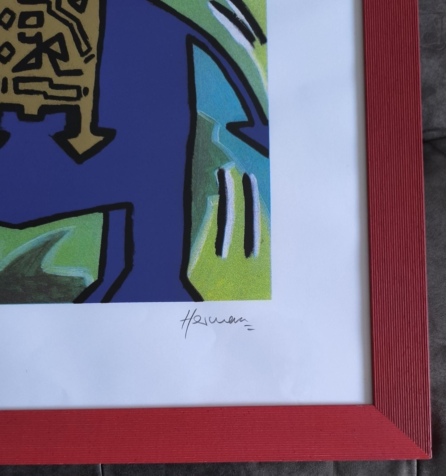 M. F. Husain Lithograph: "Blue Elephant and Red Figure", Signed & Framed
