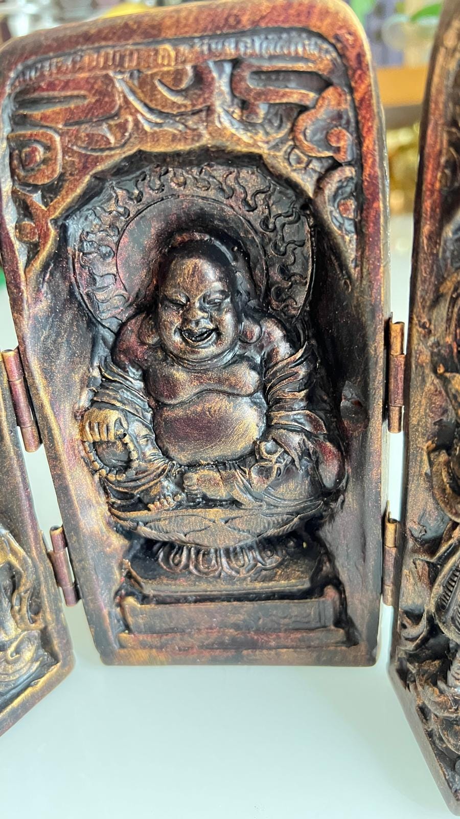 Wood Triptych Altar with Buddha Figures 1970s