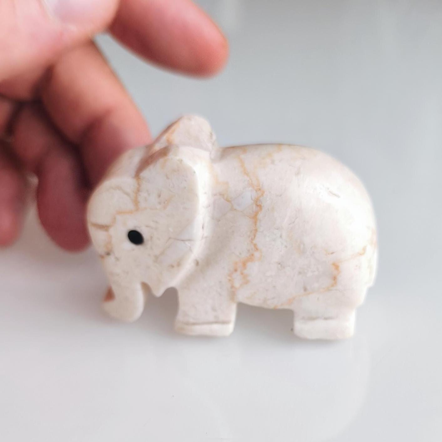 Small White Stone Elephant Statue with Black Eyes, Handmade 2000s