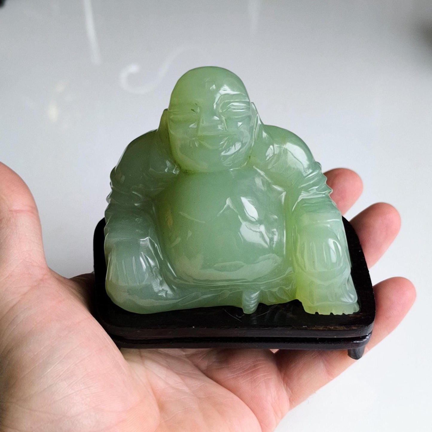 Green Nephrite Jade Carved Buddha Figure on Wooden Base, 1970