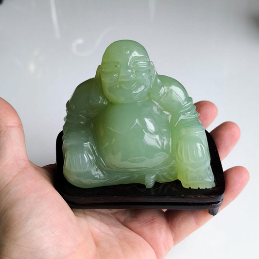 Green Nephrite Jade Carved Buddha Figure on Wooden Base, 1970