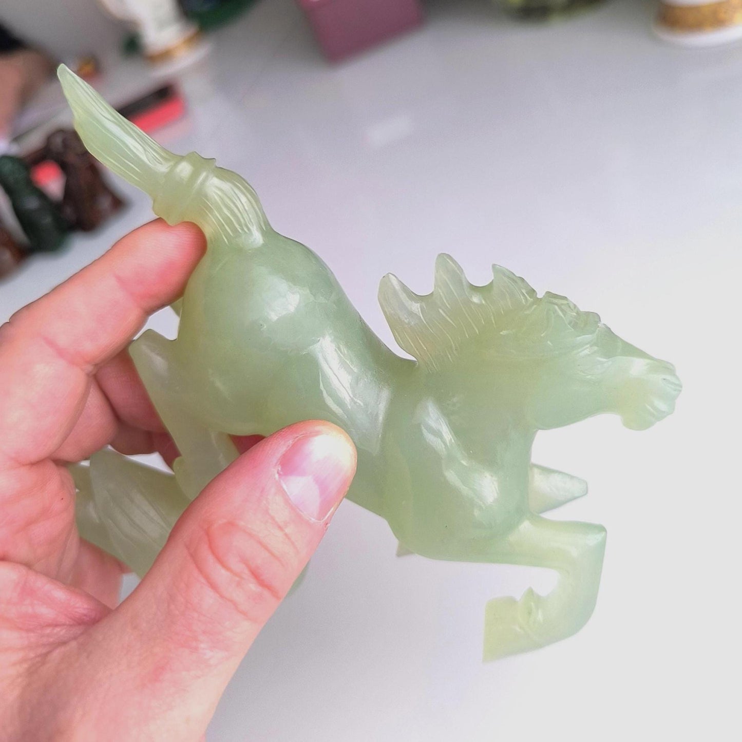 Handmade Light Green Jade Galloping Horse Statue on Bird Base, 1970