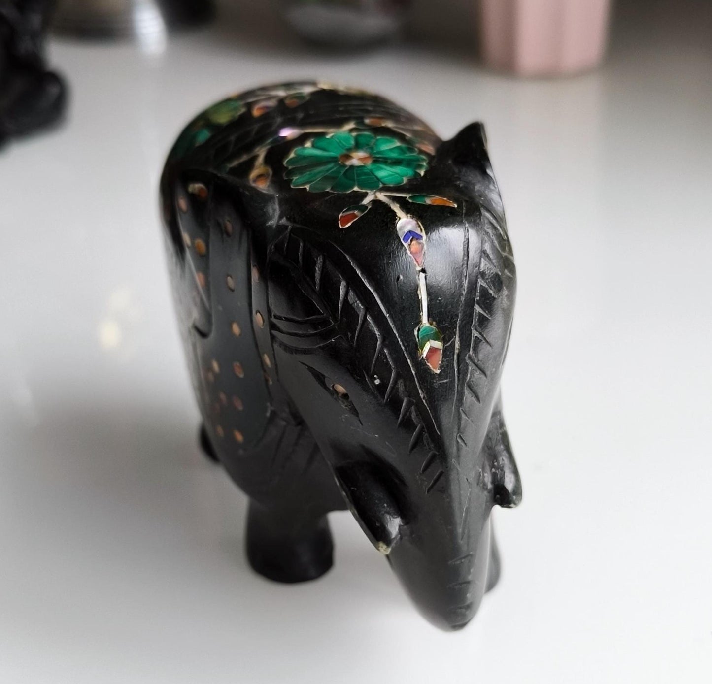 Vintage Black Painted Marble Elephant Statue, Inlaid Gemstones, Handmade 12 cm, 1980s