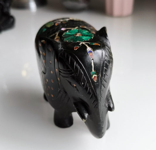 Vintage Black Painted Marble Elephant Statue, Inlaid Gemstones, Handmade 12 cm, 1980s