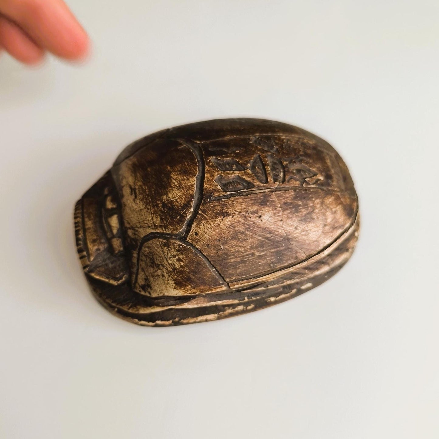 Carved Brown Stone Egyptian Scarab Beetle with Hieroglyphics, 1970s