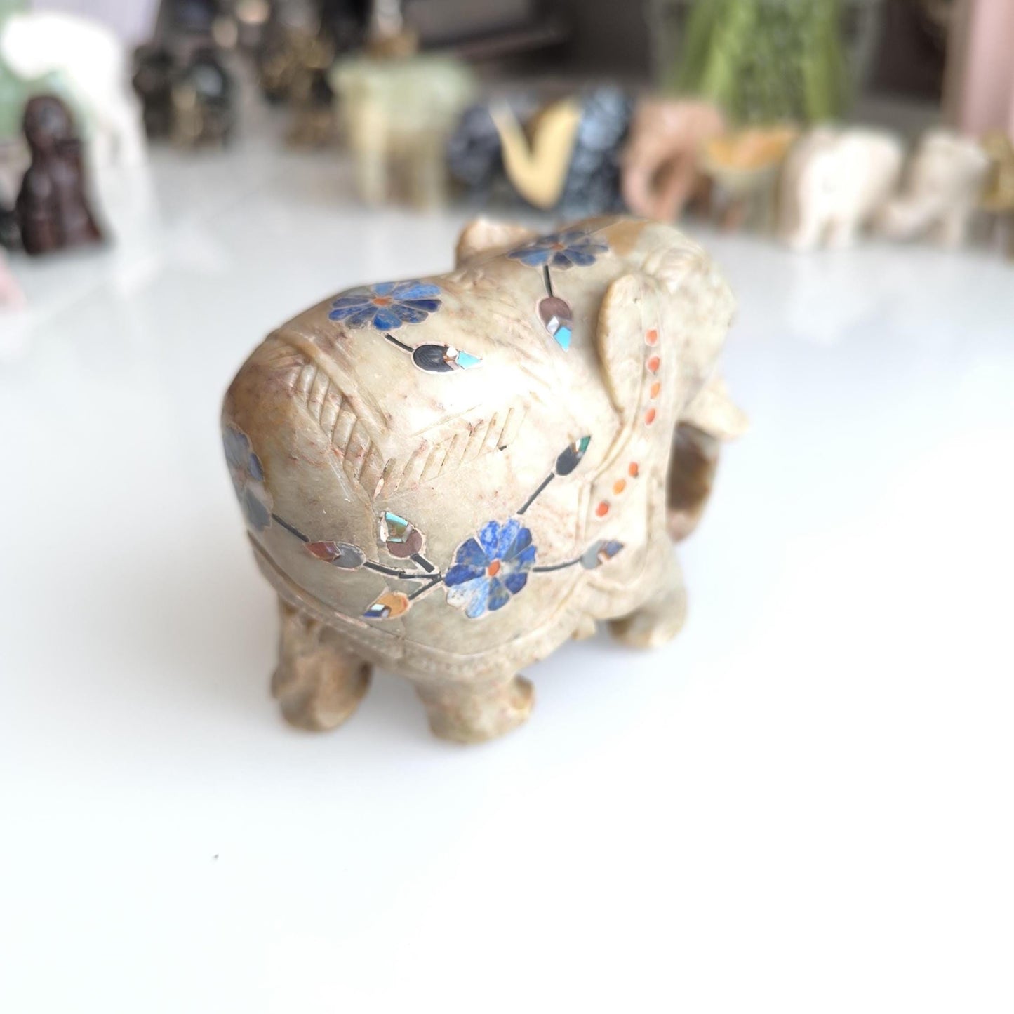 Hand-Carved Asian Elephant Statue with Inlaid Colored Stones, 1980s