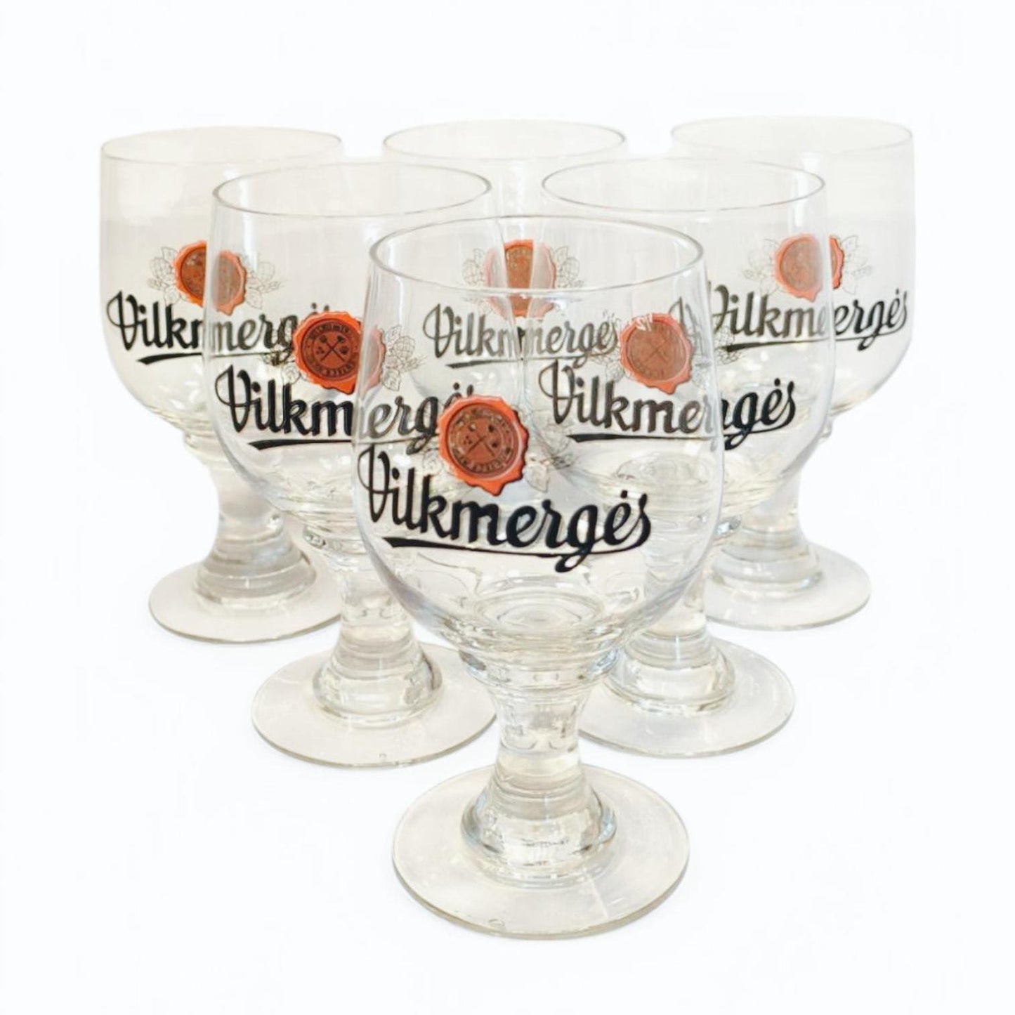 Set of 6 Tall 0.5 L Vilkmerges Beer Glasses, Original Lithuania