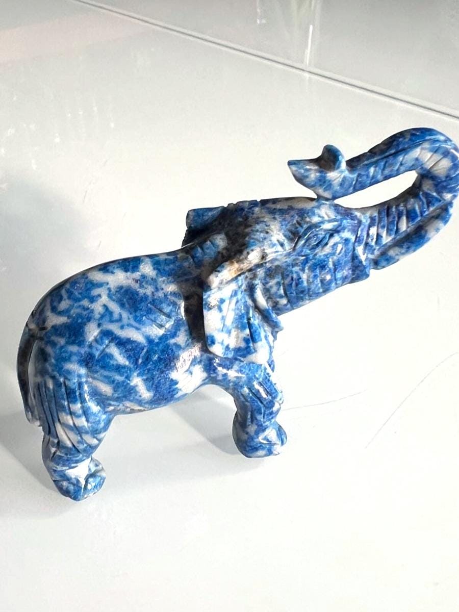 Lapis Lazuli Elephant Figurine Hand Carved 1970s