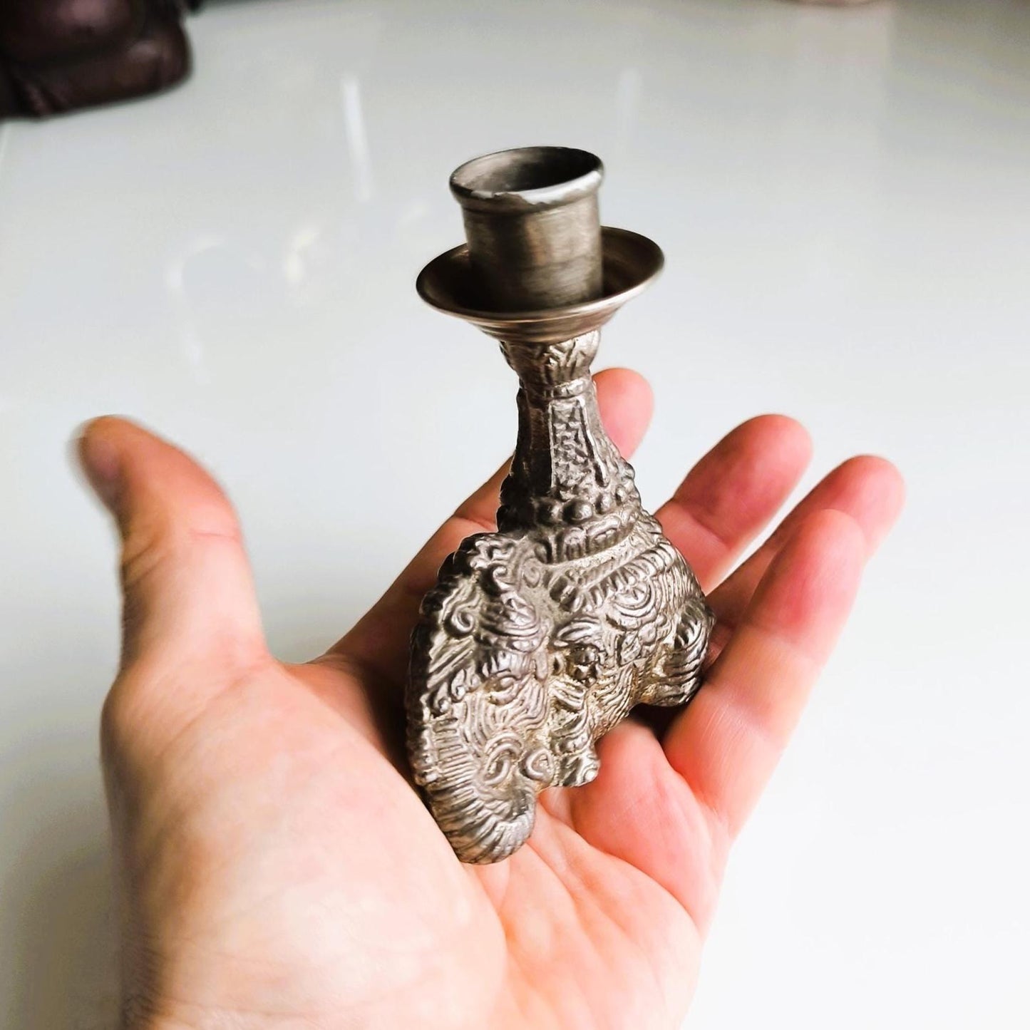 Silver Tone Elephant figurine Candle Holder, Handmade Pewter candlestick 1970s