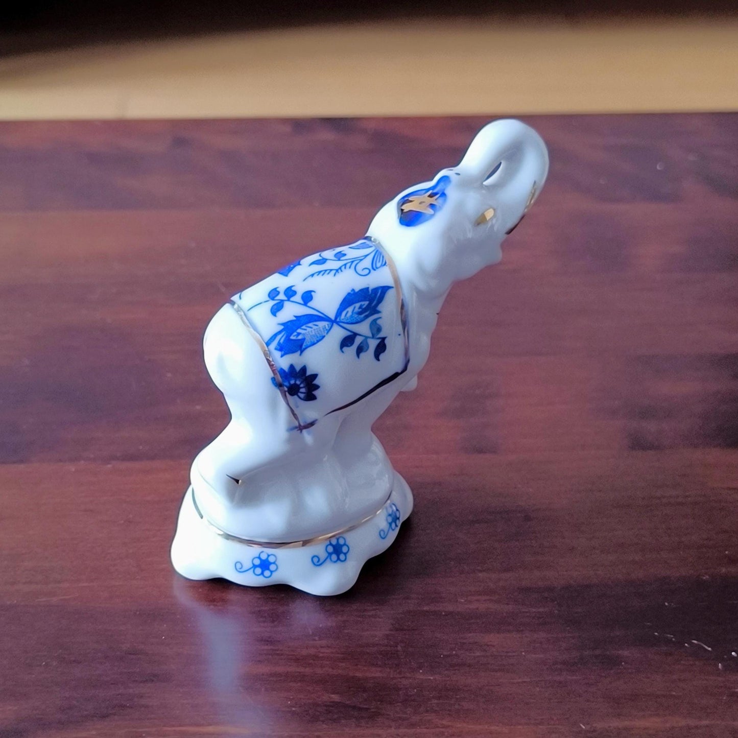 White Porcelain Elephant Figurine With Blue Flowers, Handmade 1970s