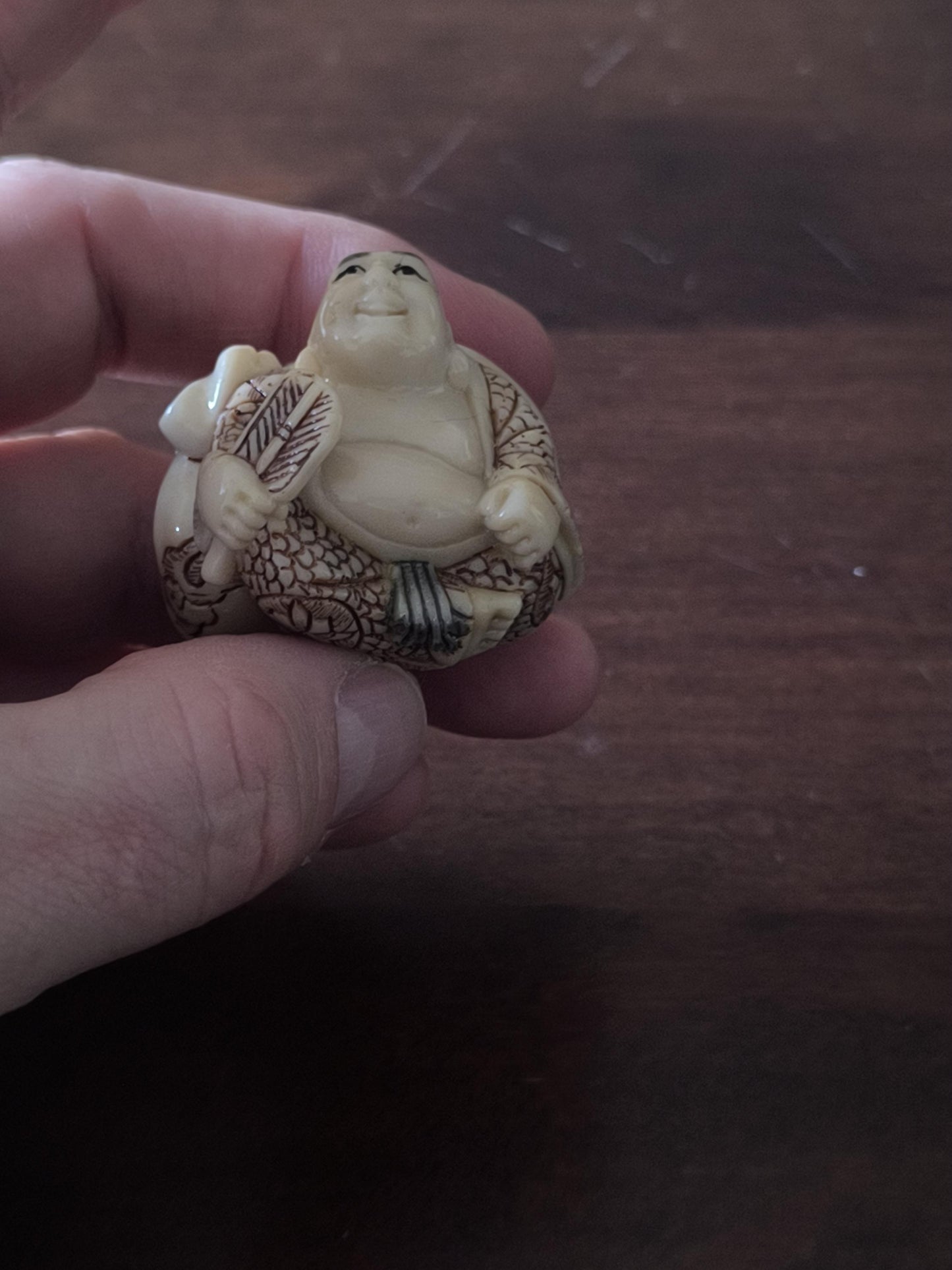 Japanese Resin Netsuke Happy Buddha Figurine Hand Painted, Carved 1970s