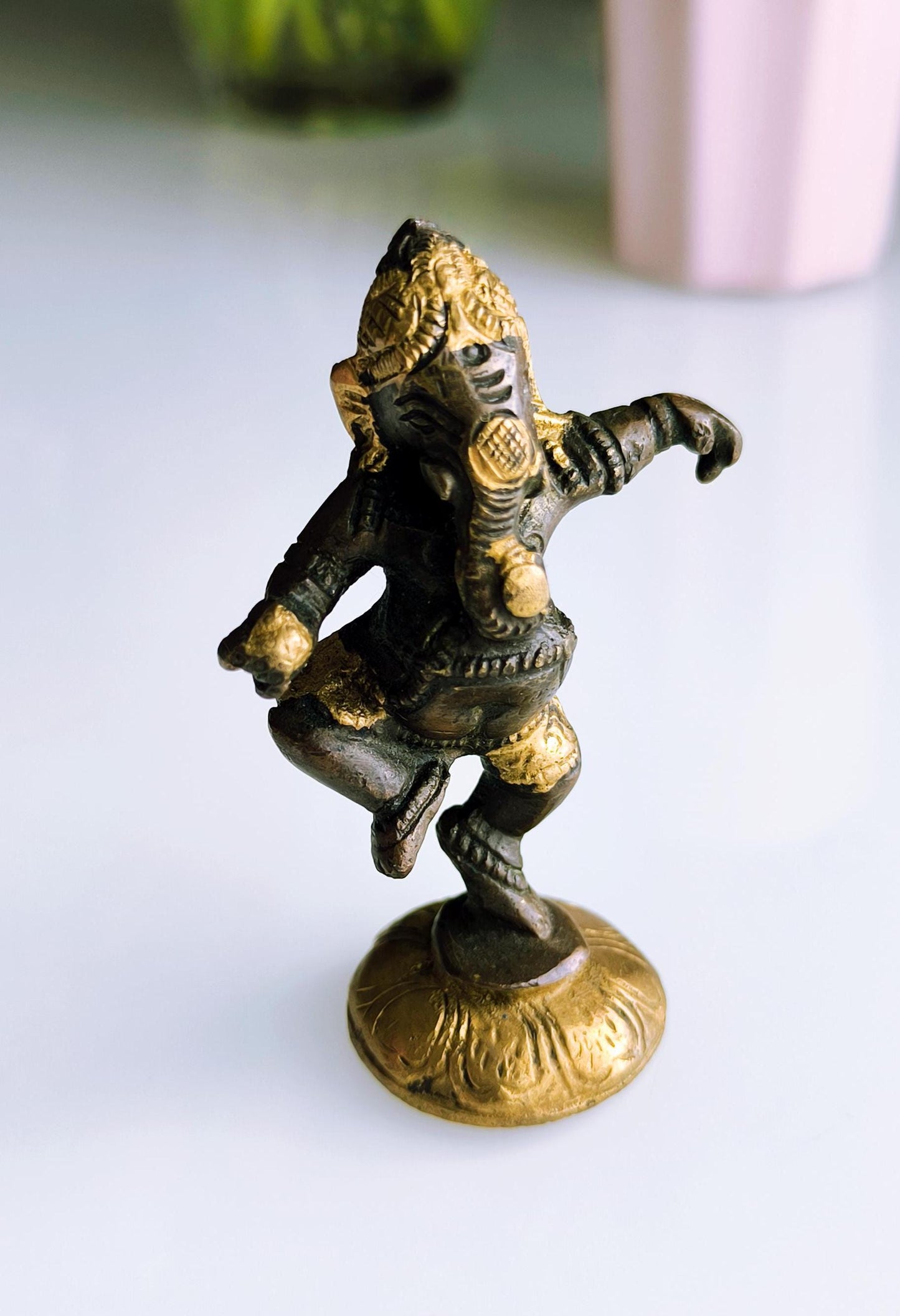 Small Bronze Dancing Ganesha Statue, Gold & Brown Tones, Hindu Elephant God, 1980s