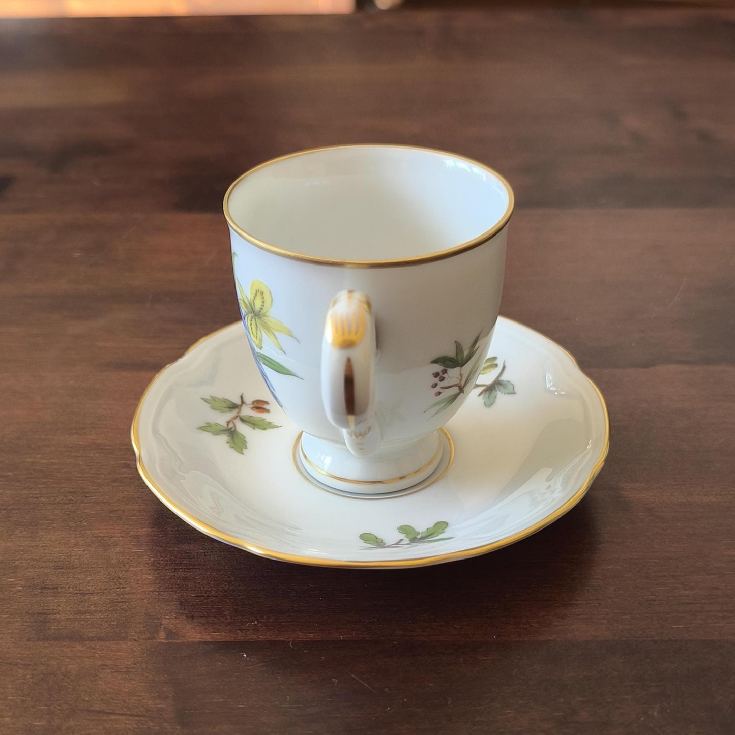 German Porcelain MPM Saxonia Coffee/Tea Cup & Saucer – Hand-Painted Blue Bird, Yellow Flower, 1980s