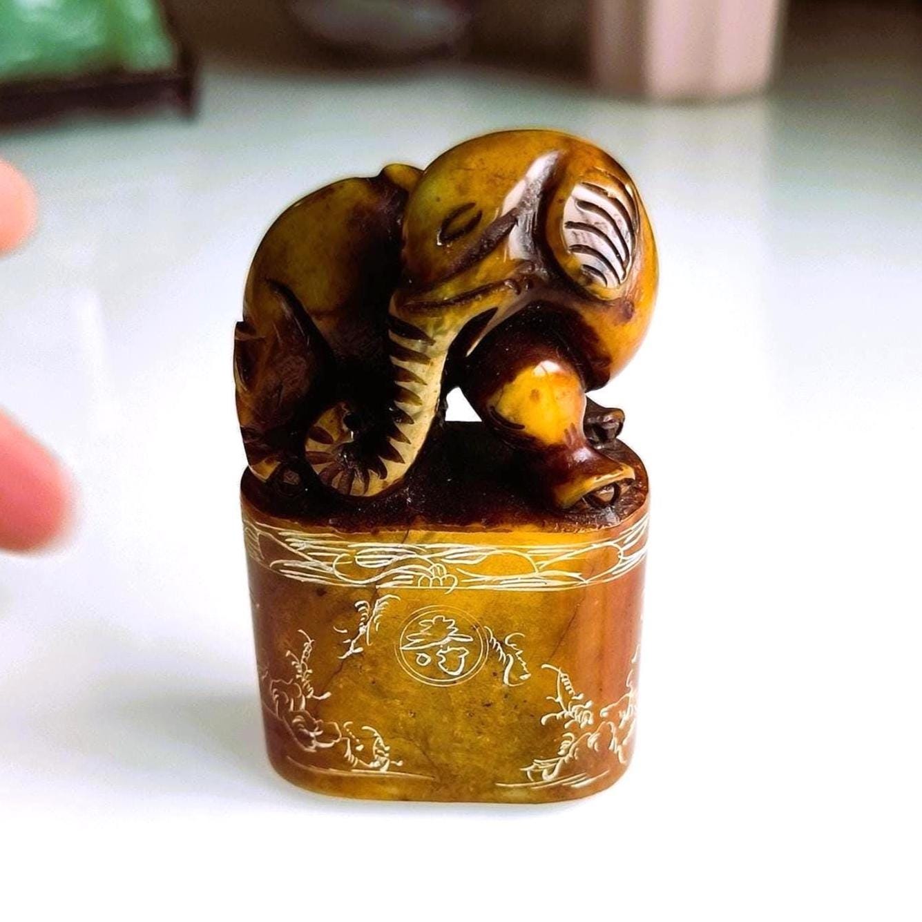 Brown Stone Elephant Stamp on Raised Stand with Carvings, Handmade 1960s