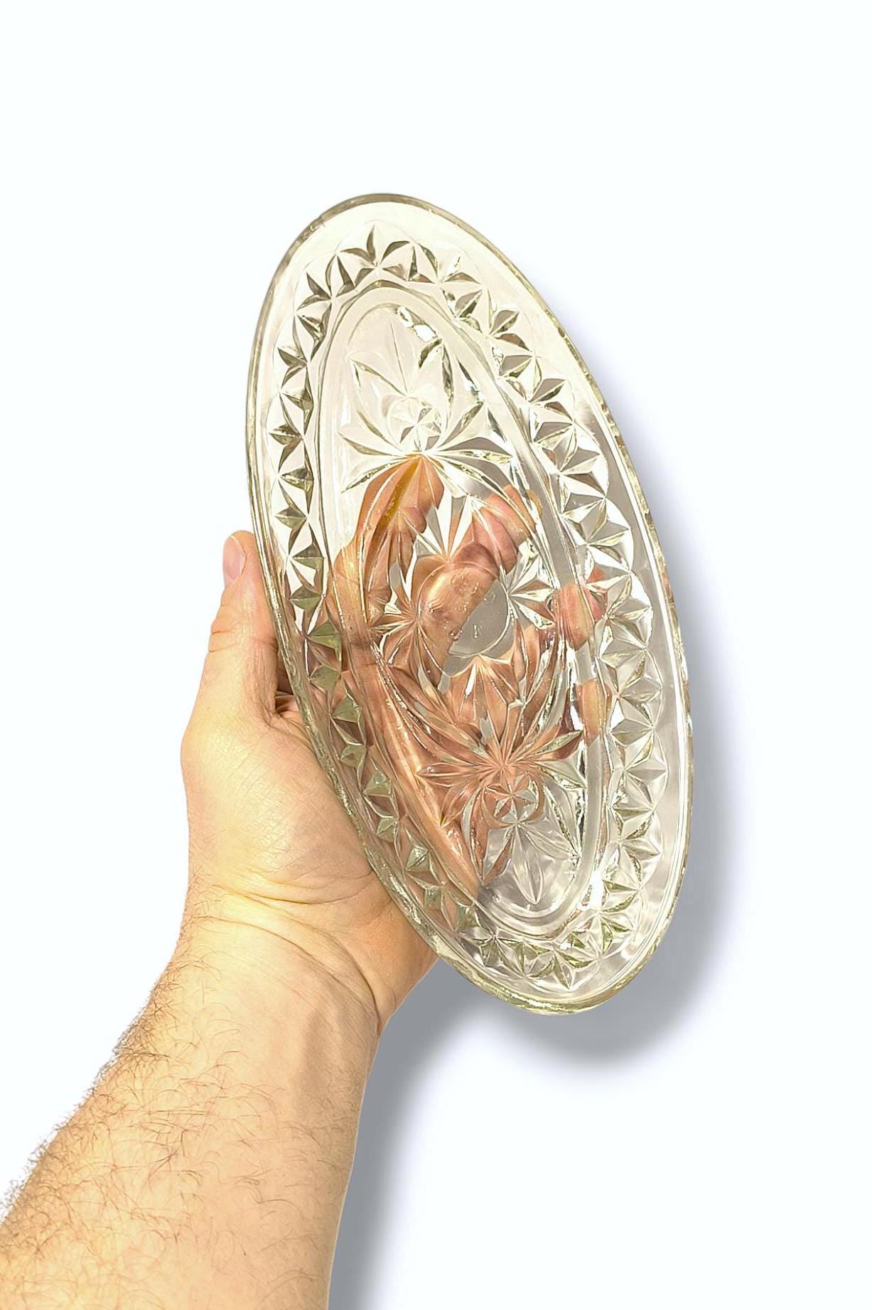 Serving Dish Clear Glass Crystal Salad Bowl or Herring Platter 1970s