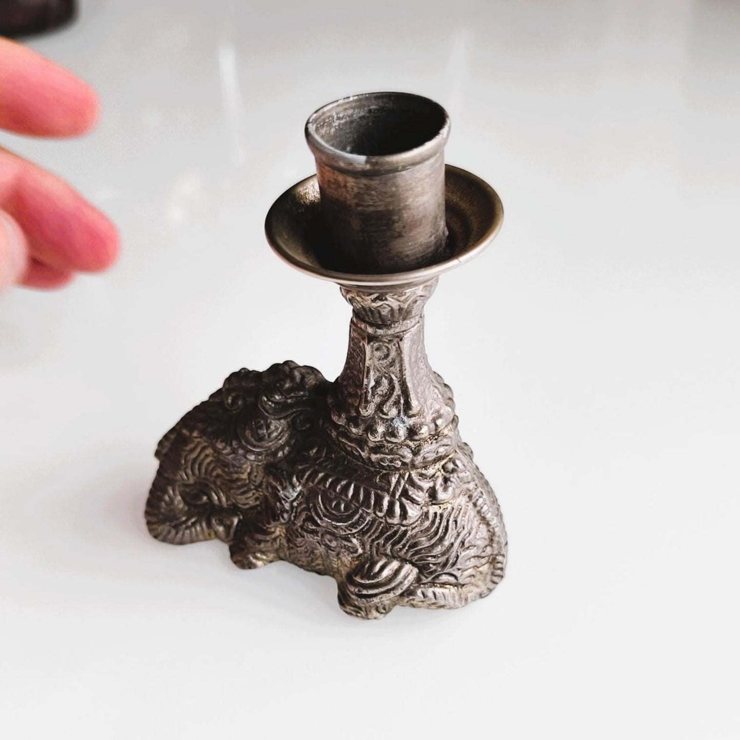 Silver Tone Elephant figurine Candle Holder, Handmade Pewter candlestick 1970s