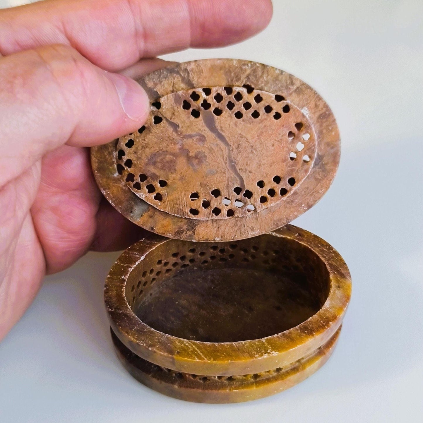 Small Brown Stone Trinket Box with Carved Owl Lid, 1970s