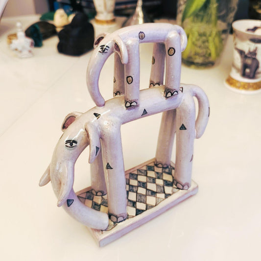 Two Stacked Ceramic Gray Elephants With Ornaments On Base 1970