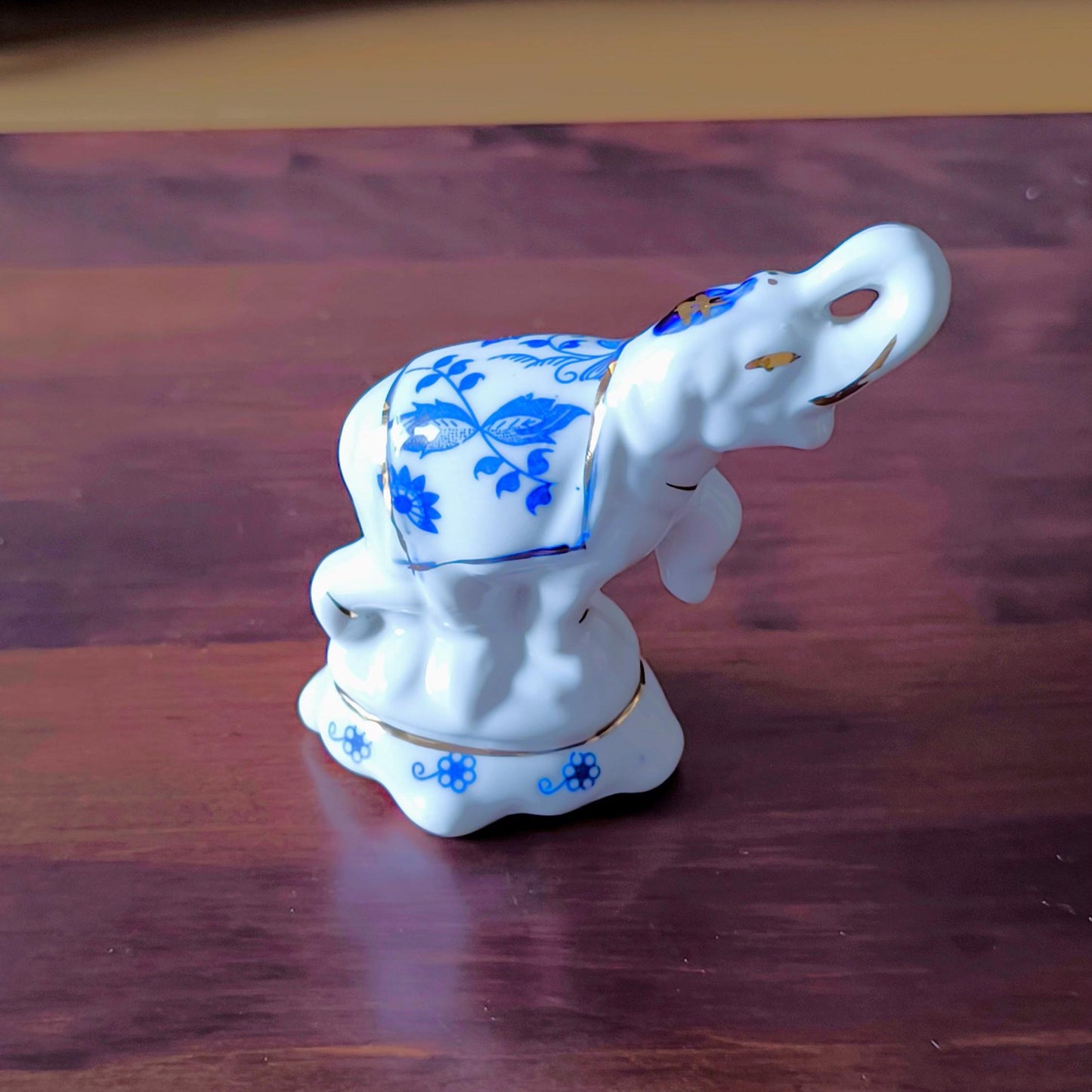 White Porcelain Elephant Figurine With Blue Flowers, Handmade 1970s