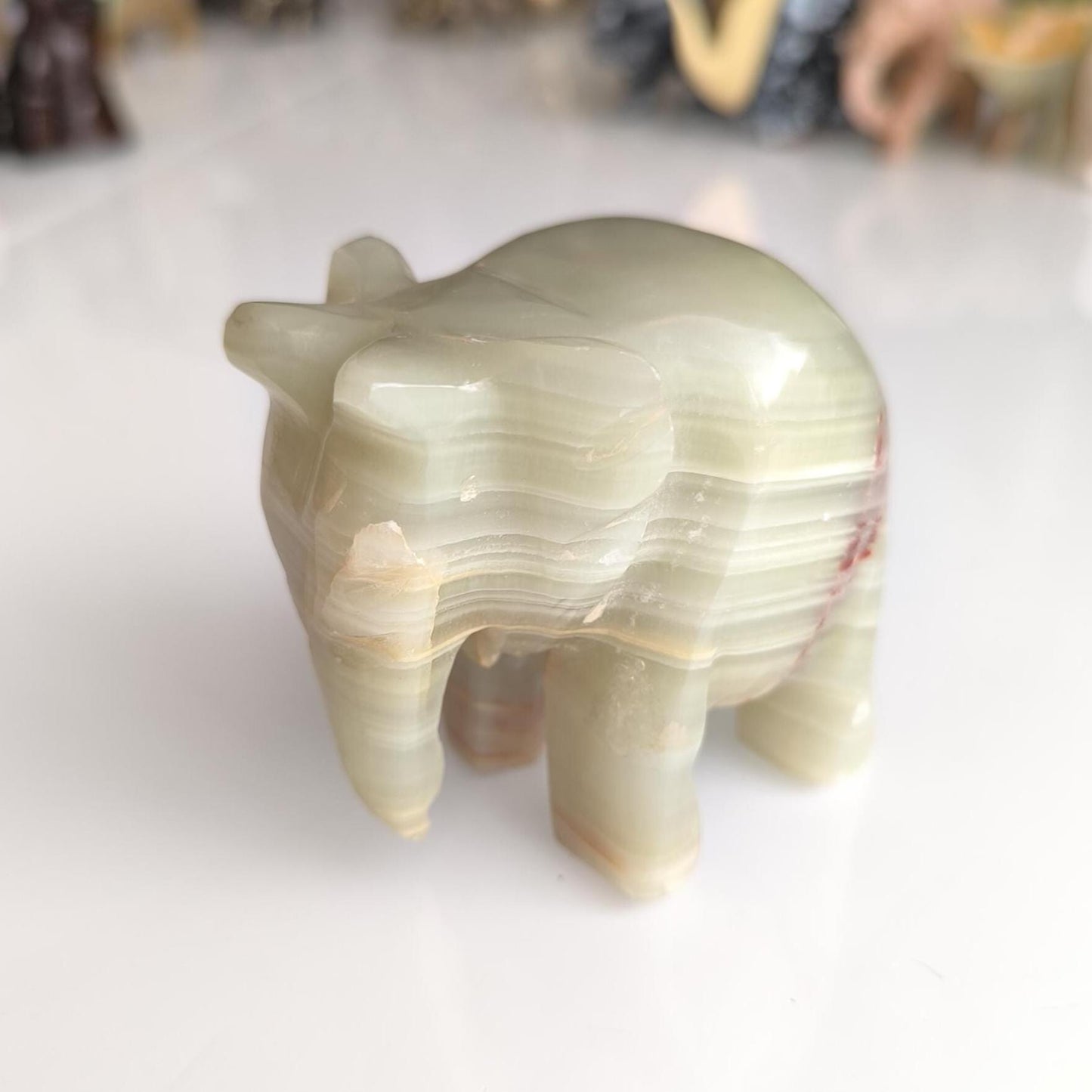 Handmade Heavy Light Green Onyx Elephant Statue with Gray Streaks, 1980s