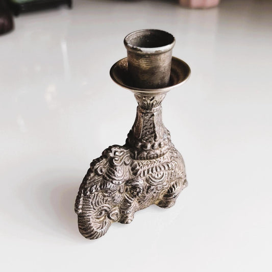 Silver Tone Elephant figurine Candle Holder, Handmade Pewter candlestick 1970s
