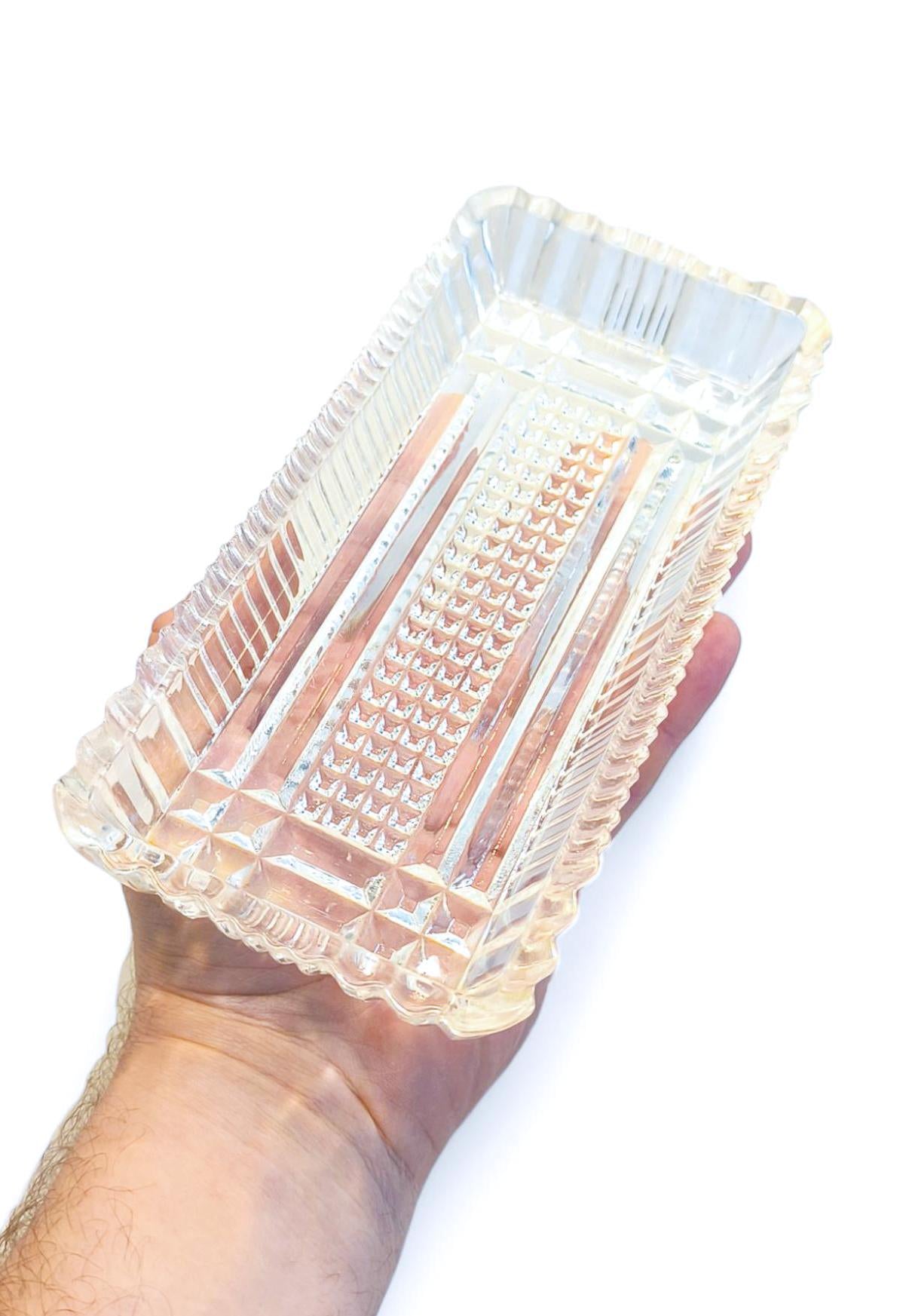 Vintage Rectangular Clear Glass Crystal Serving Dish, Salad Bowl or Herring Platter 1970s