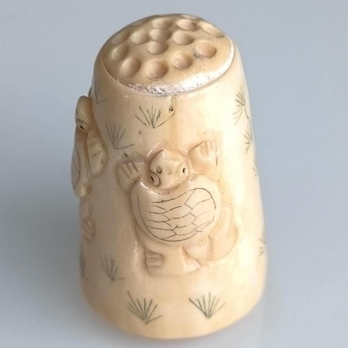 Hand Carved Stone Thimble with Turtle Figurine, 1960