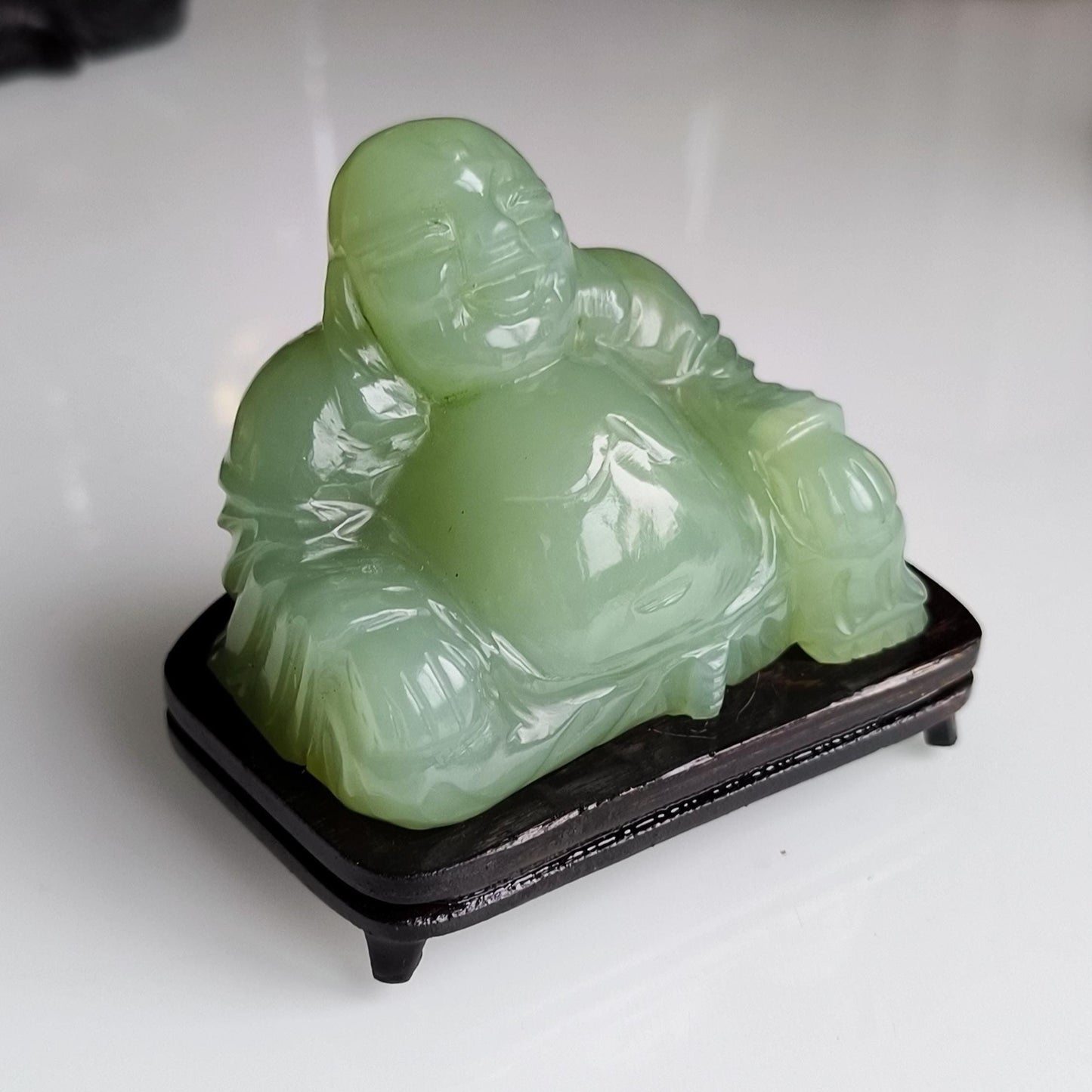 Green Nephrite Jade Carved Buddha Figure on Wooden Base, 1970