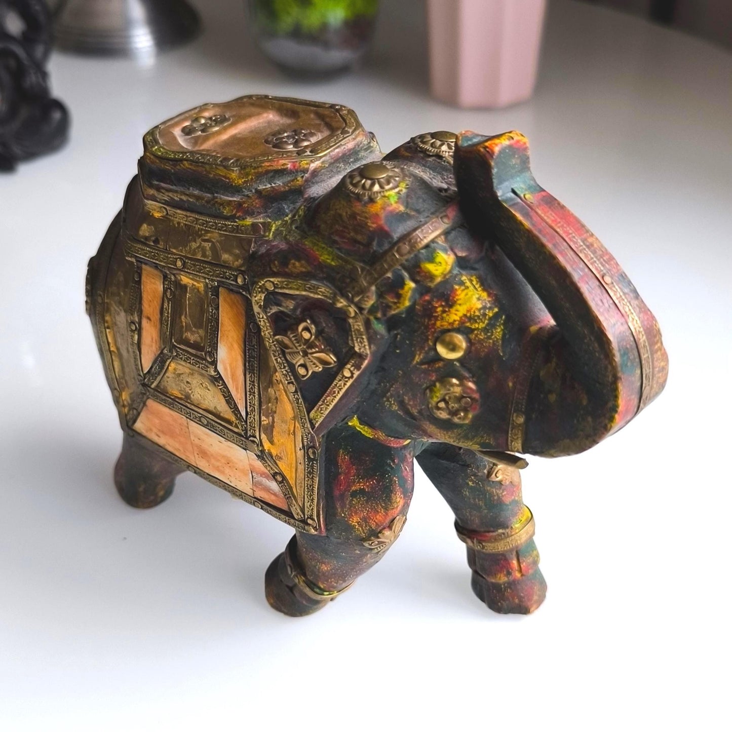 Handmade Wooden Elephant with Metal and Stone Inlay, Trunk Up 1970