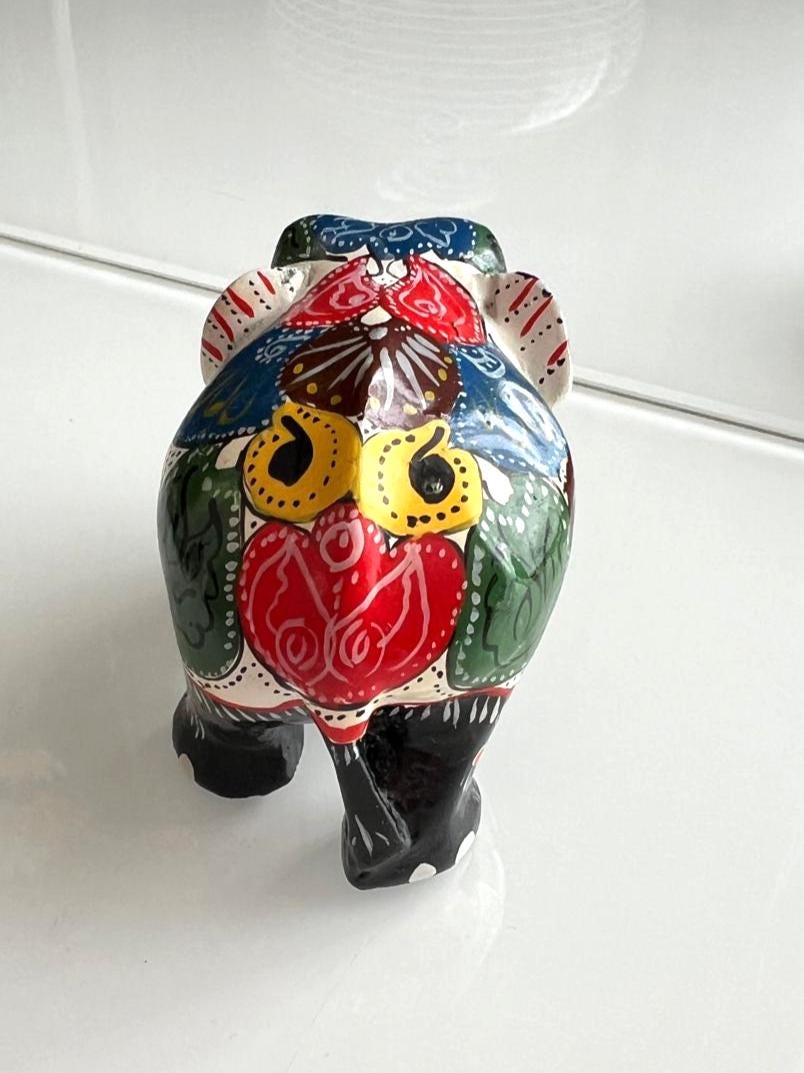 Hand Painted Wooden Elephant Figurine Ornament 1980s
